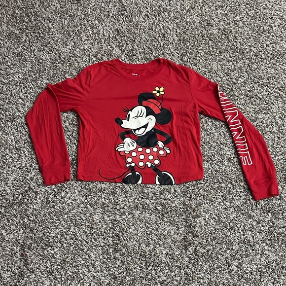 Disney Minnie Mouse Long Sleeve Pullover Cropped Shirt Womens Red Small - Picture 1 of 5